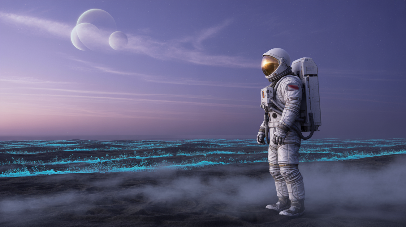 Lone astronaut on a bioluminescent alien shore at twilight — Ideogram v3 cinematic photo