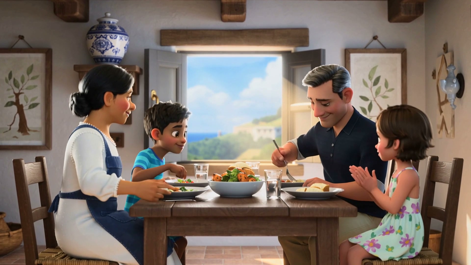 Greek family at a sunlit dinner table, Pixar animation style, warm laughter