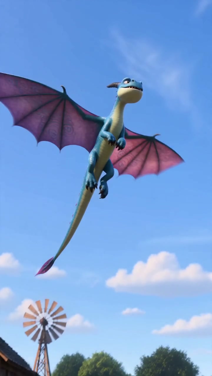 A Pixar-style dragon soaring over a vast green field, cinematic dawn light